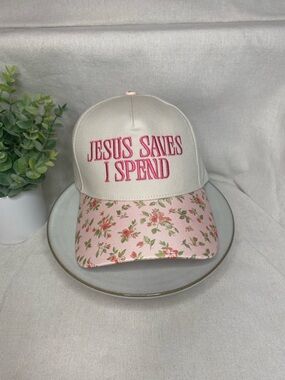 NWT Cream and Pink Floral Trucker Hat- 'JESUS SAVES I SPEND' Embroidered